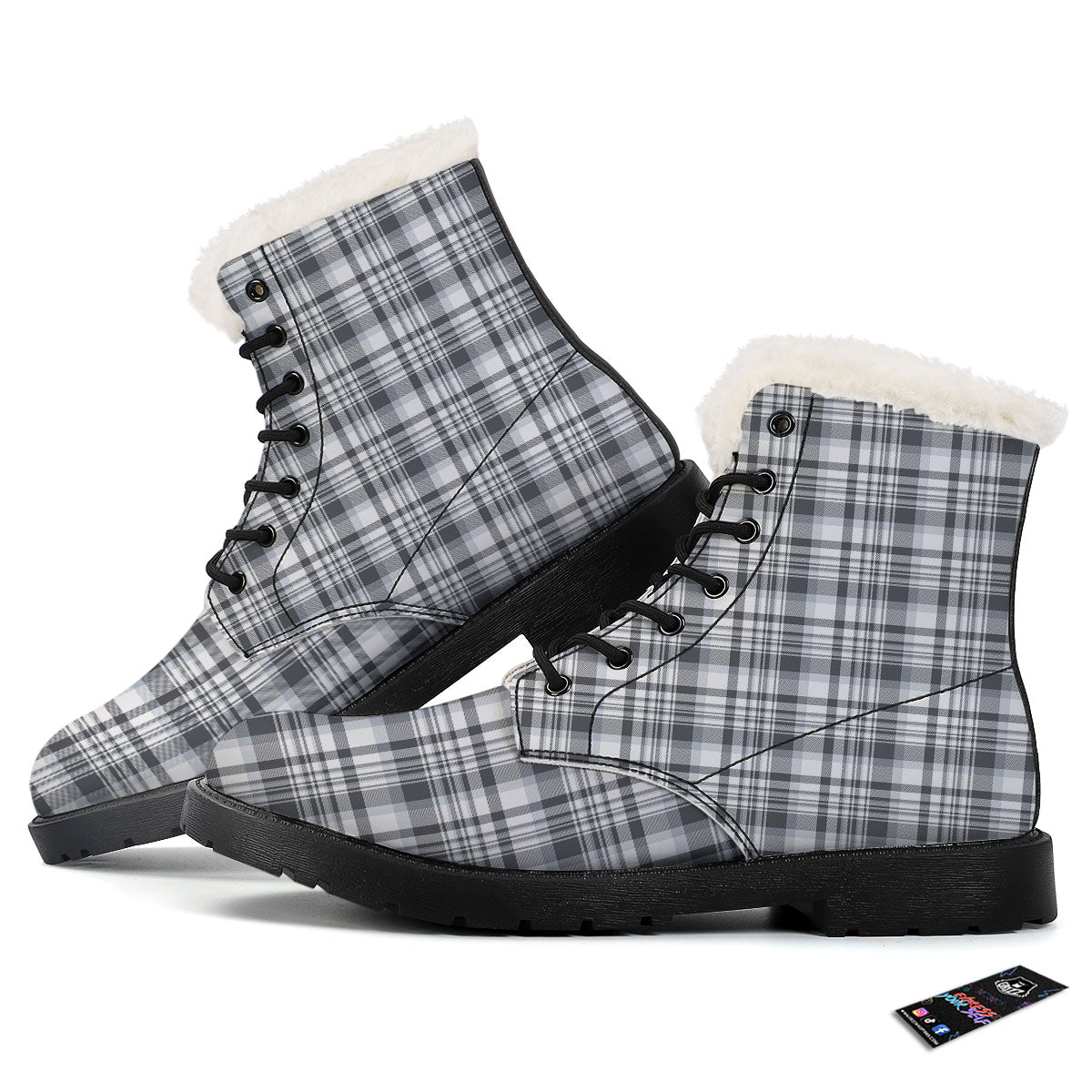 Border Tartan White And Grey Print Winter Boots-grizzshop