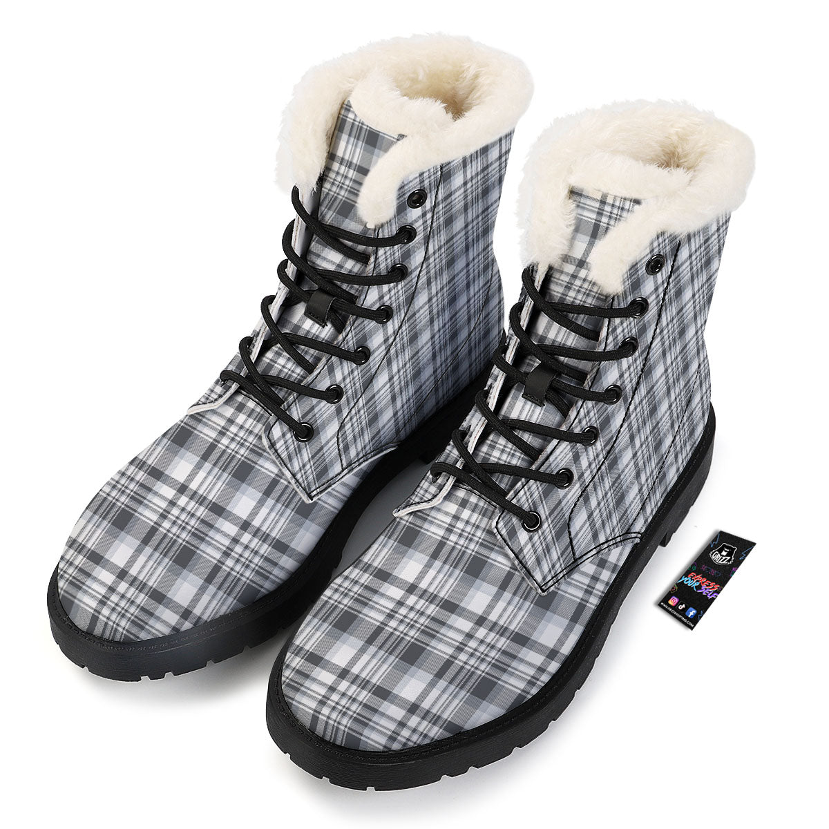 Border Tartan White And Grey Print Winter Boots-grizzshop