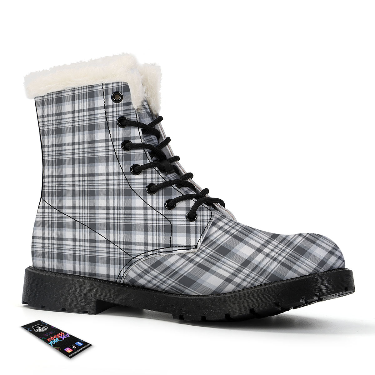 Border Tartan White And Grey Print Winter Boots-grizzshop