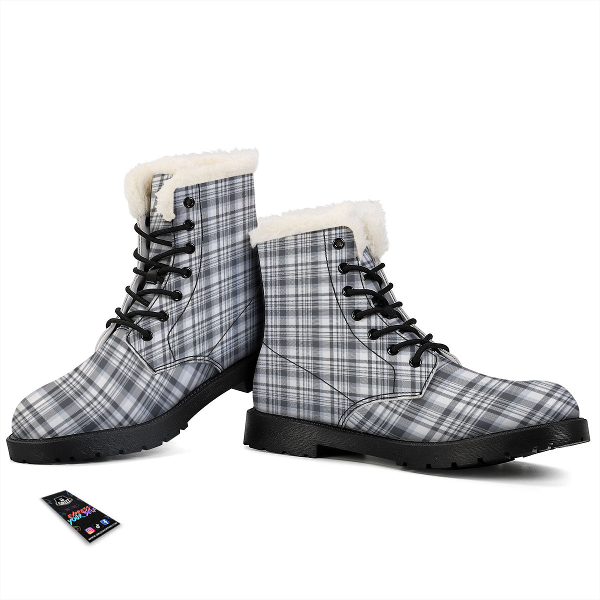 Border Tartan White And Grey Print Winter Boots-grizzshop