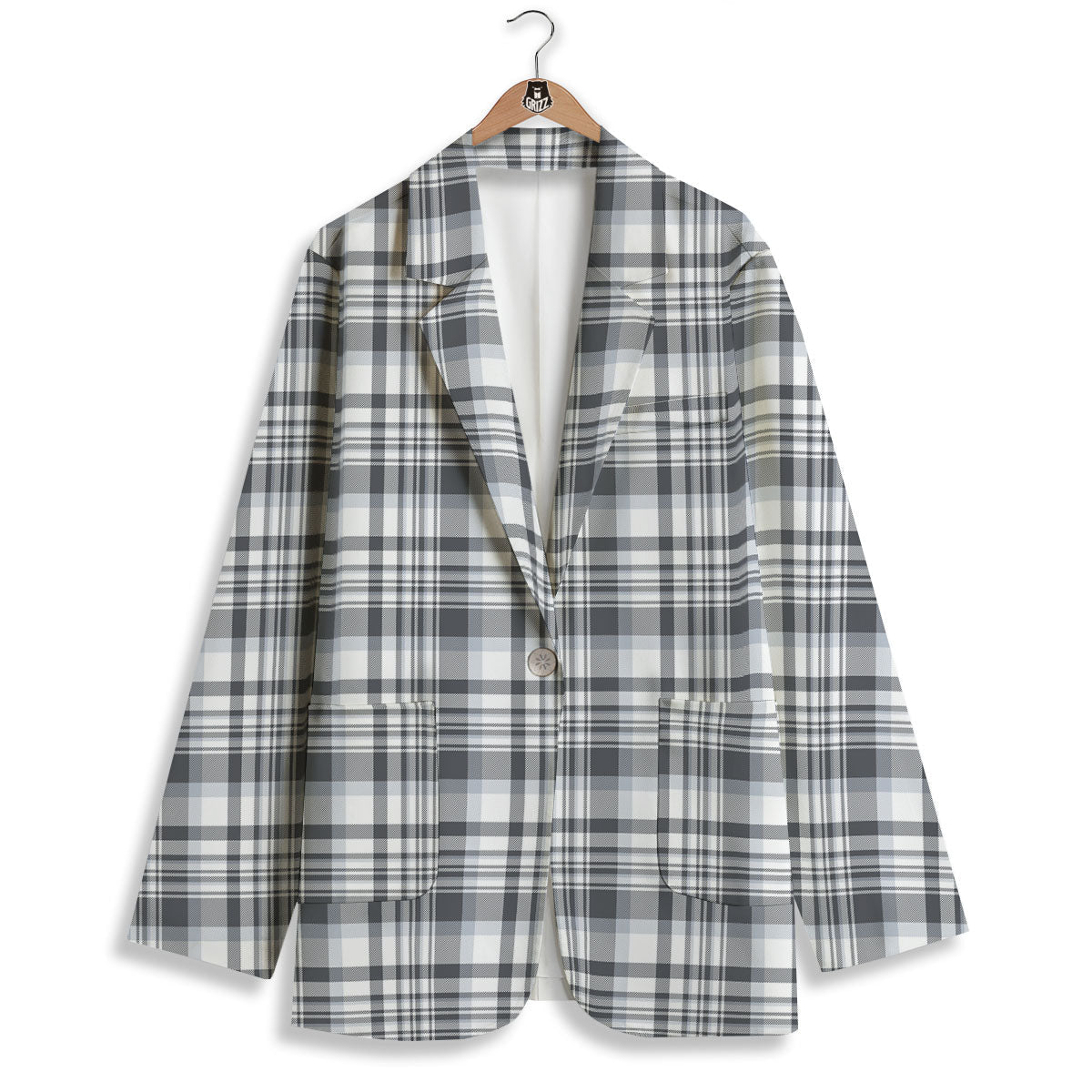Border Tartan White And Grey Print Women's Blazer-grizzshop