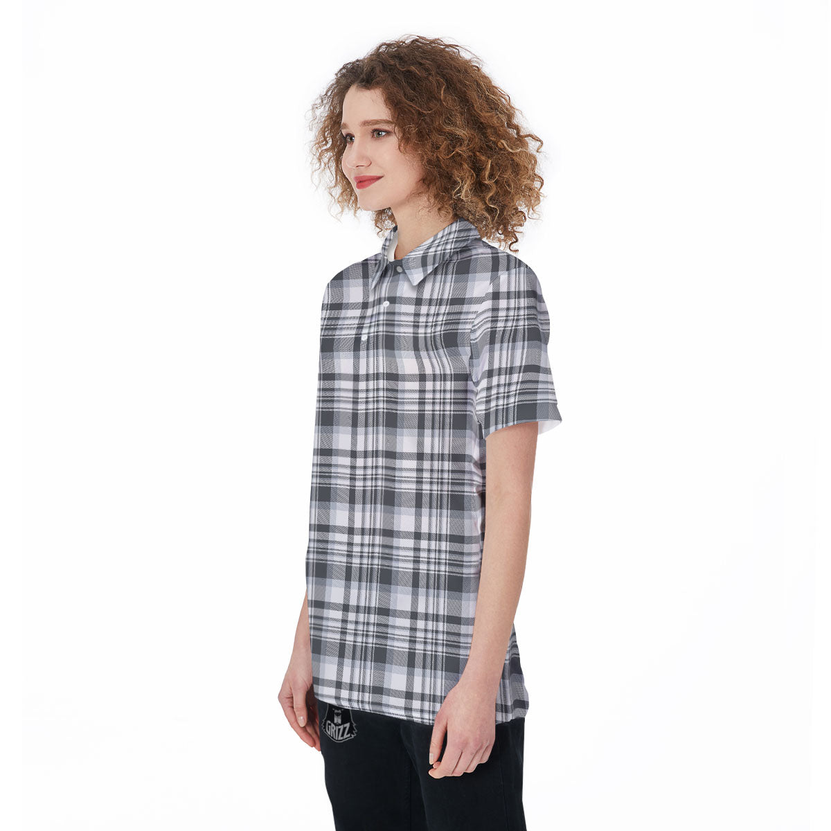 Border Tartan White And Grey Print Women's Golf Shirts-grizzshop