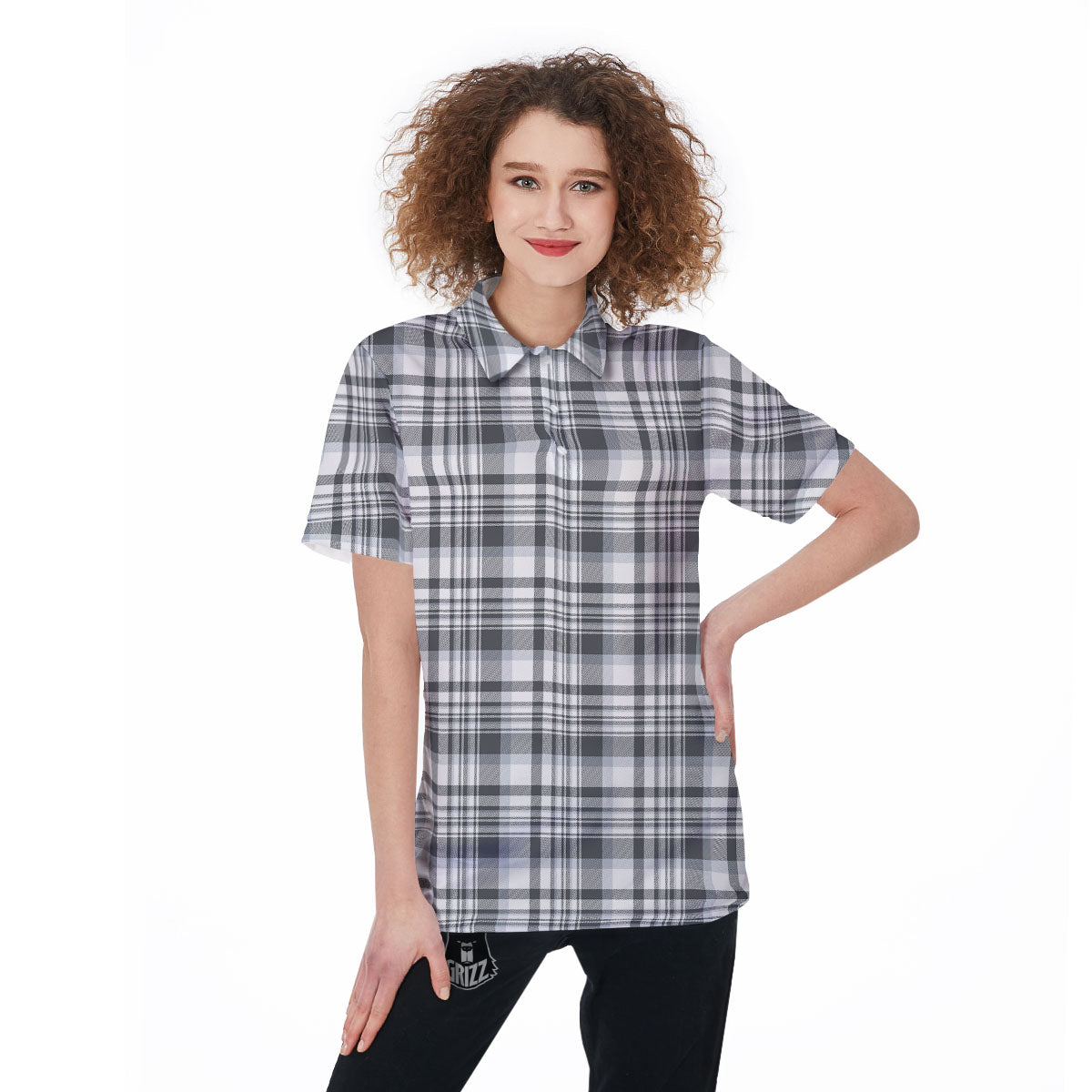 Border Tartan White And Grey Print Women's Golf Shirts-grizzshop