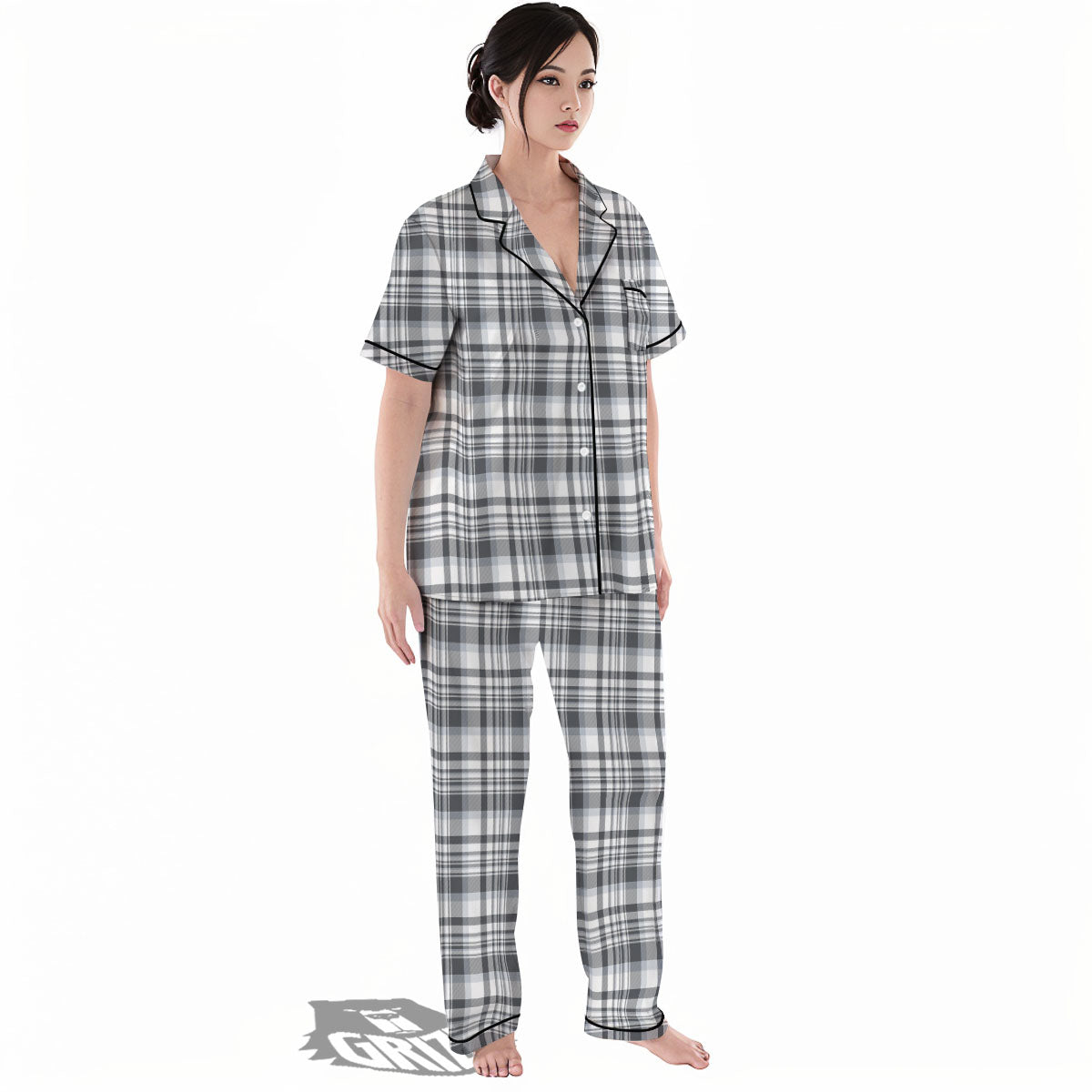 Border Tartan White And Grey Print Women's Pajamas Set-grizzshop