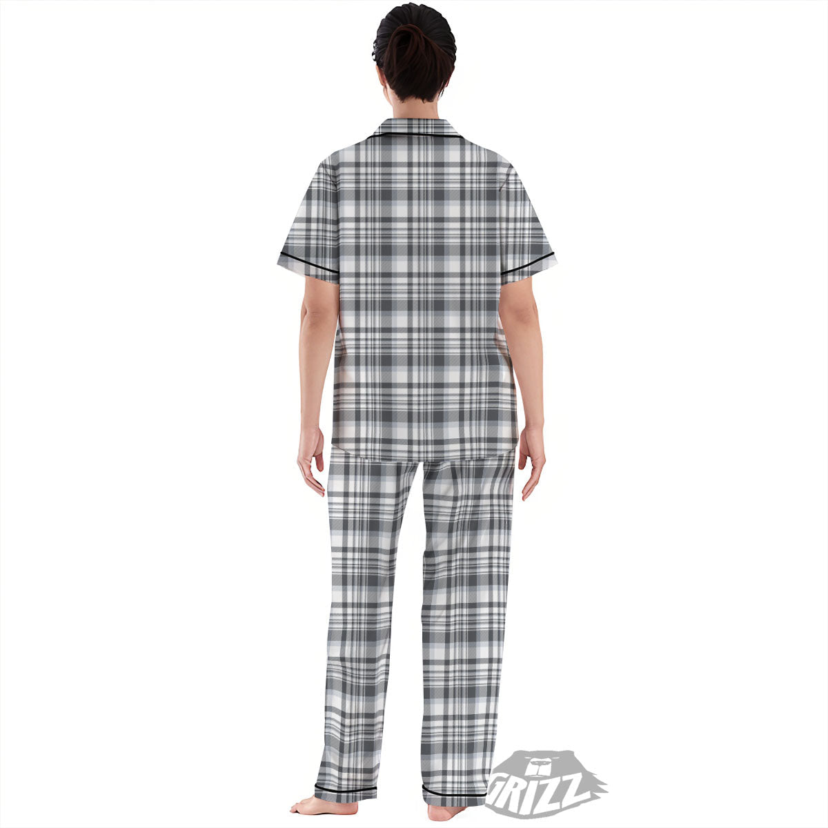 Border Tartan White And Grey Print Women's Pajamas Set-grizzshop