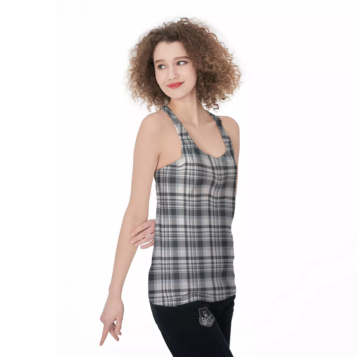 Border Tartan White And Grey Print Women's Racerback Tank Top-grizzshop