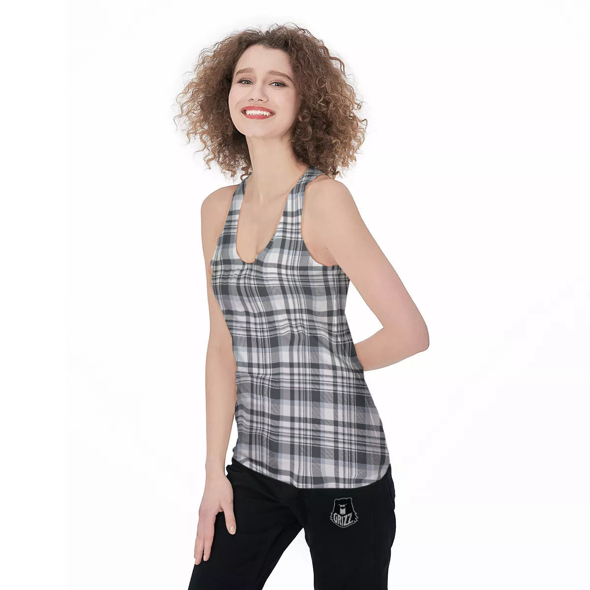 Border Tartan White And Grey Print Women's Racerback Tank Top-grizzshop