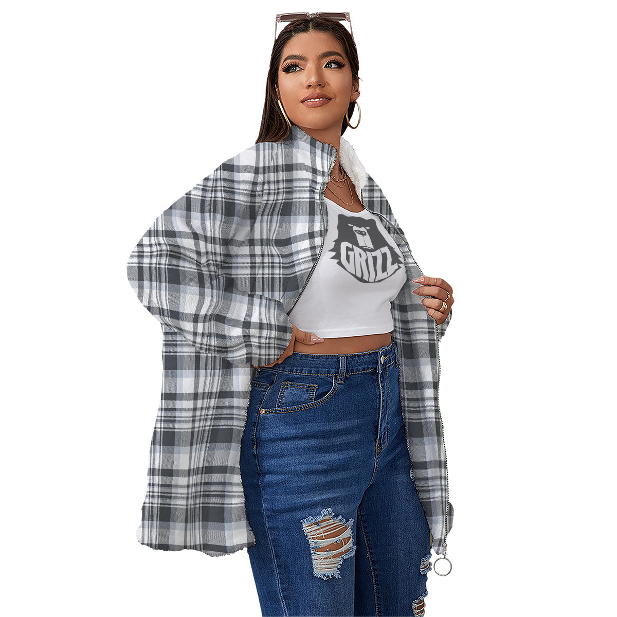 Border Tartan White And Grey Print Women's Sherpa Jacket-grizzshop