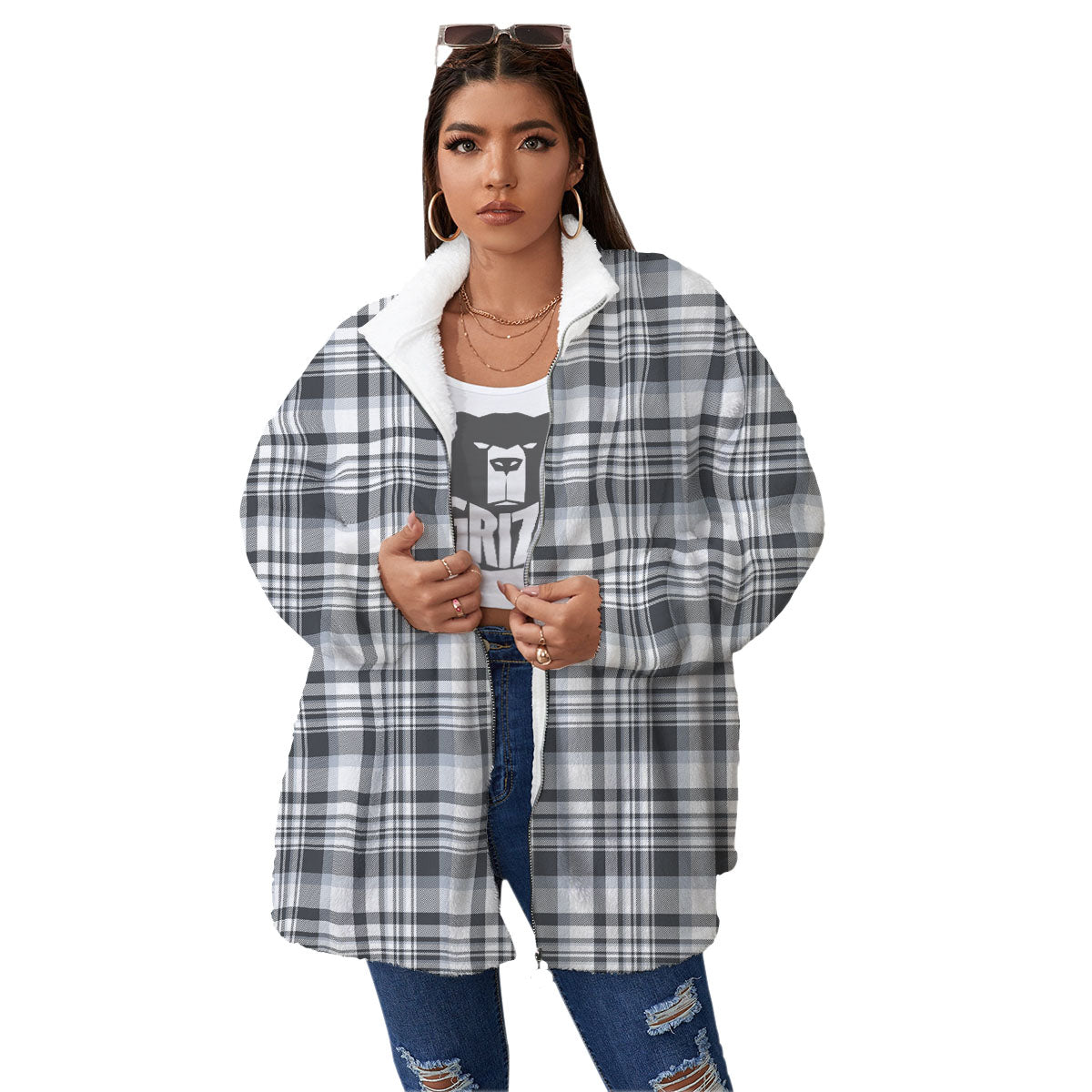 Border Tartan White And Grey Print Women's Sherpa Jacket-grizzshop