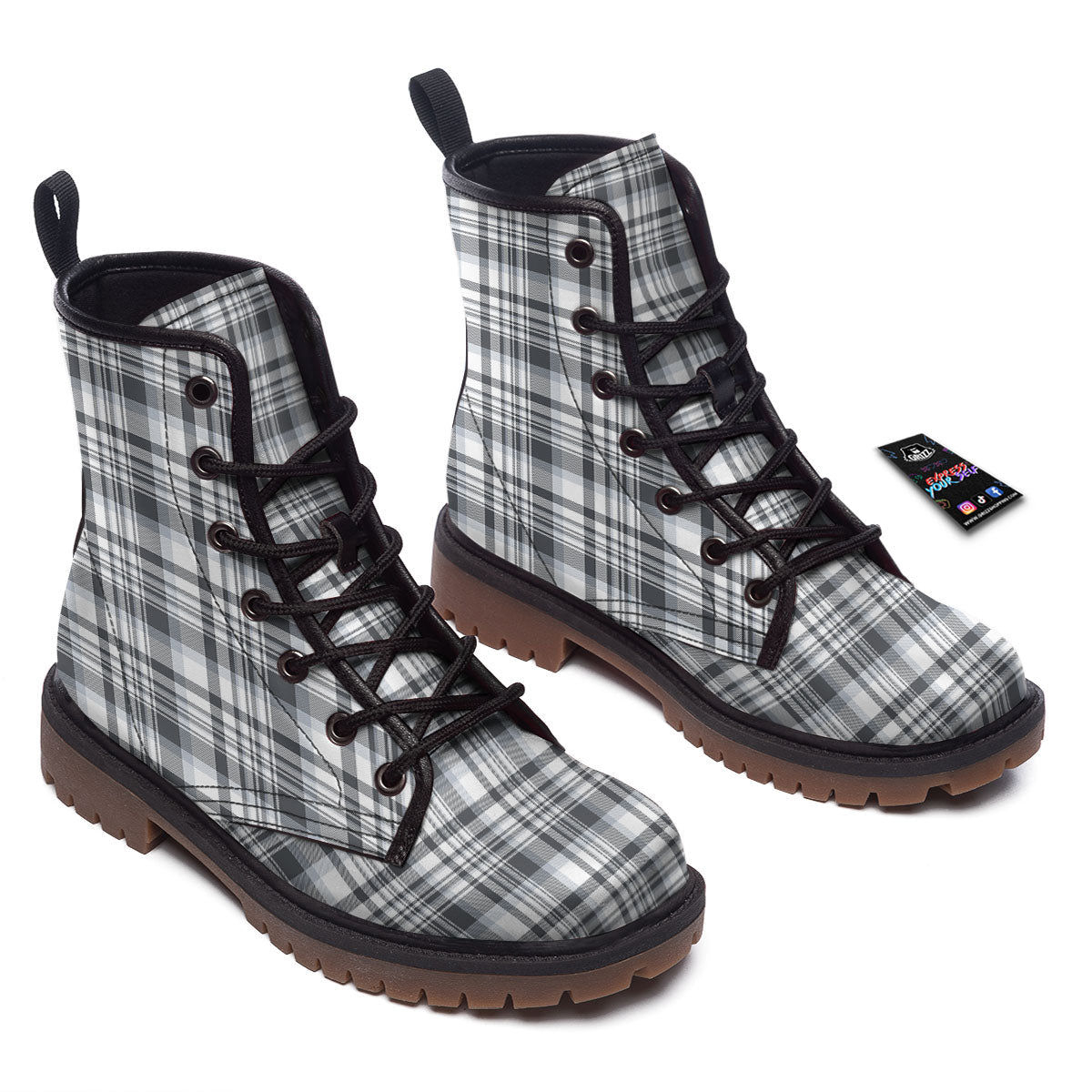 Border Tartan White And Grey Print Work Boots-grizzshop