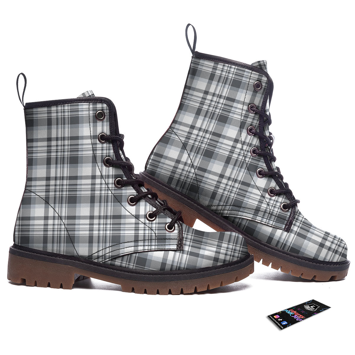 Border Tartan White And Grey Print Work Boots-grizzshop