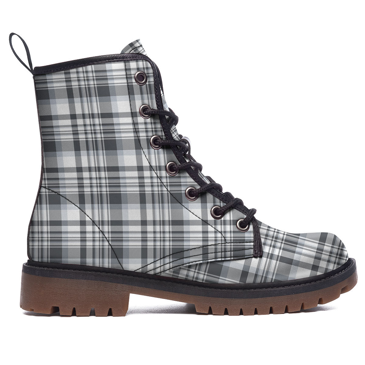 Border Tartan White And Grey Print Work Boots-grizzshop