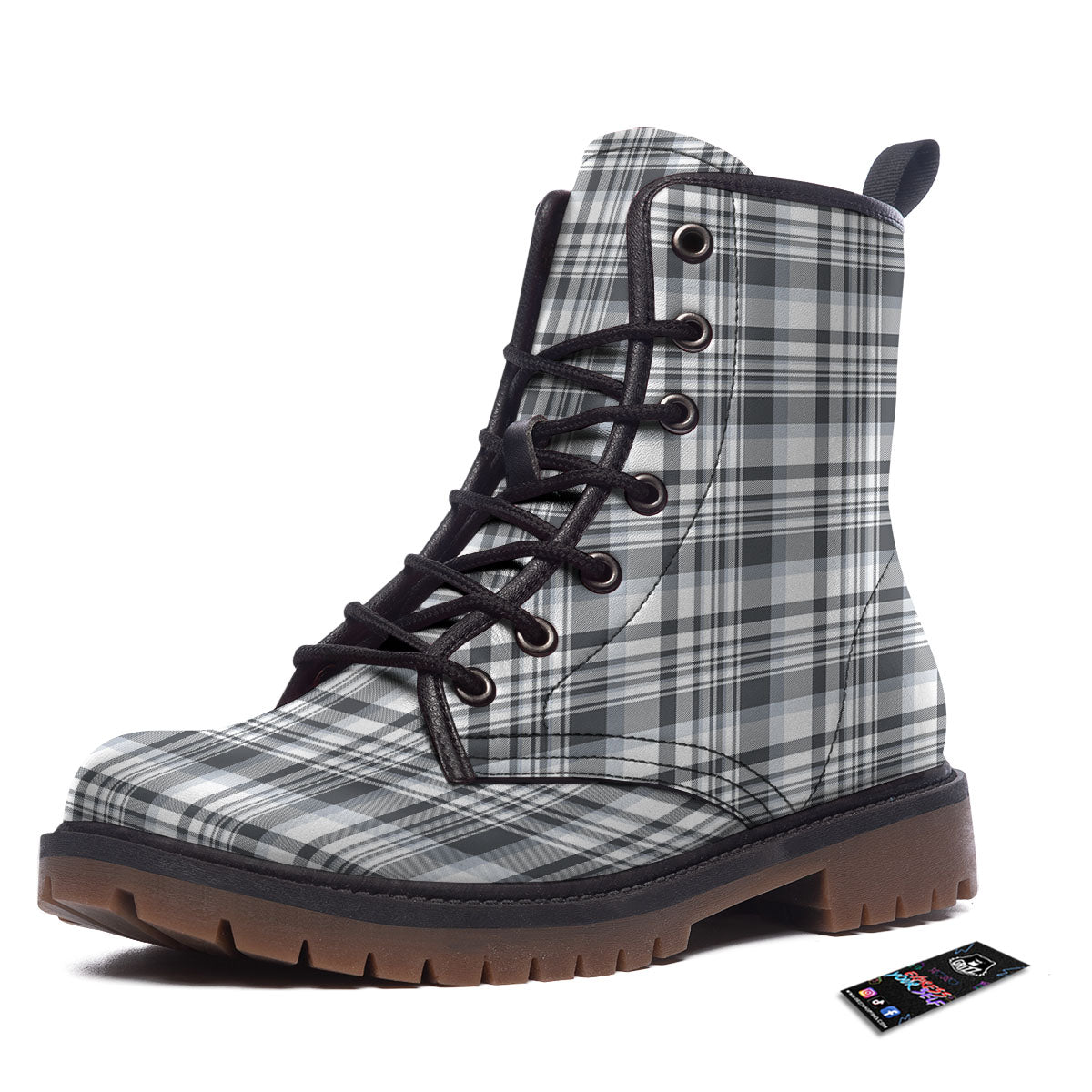 Border Tartan White And Grey Print Work Boots-grizzshop