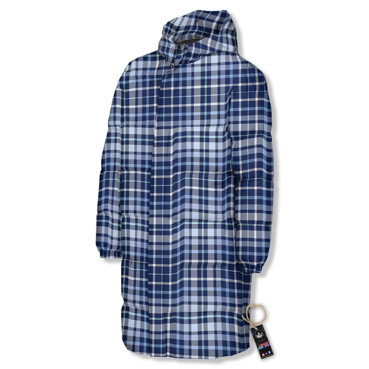 Border Tartan Blue Print Pattern Long Down Jacket