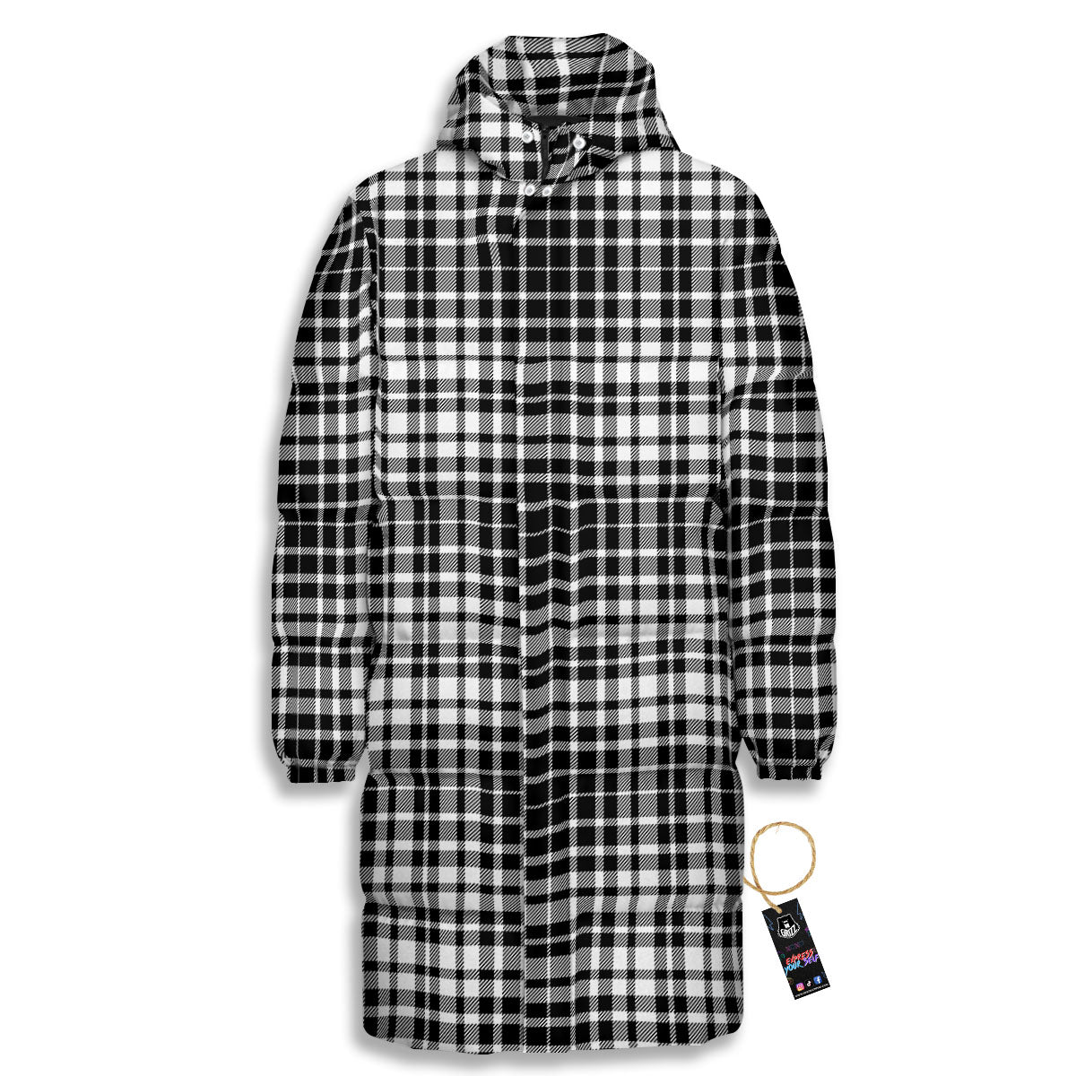 Border Tartan White And Black Print Long Down Jacket