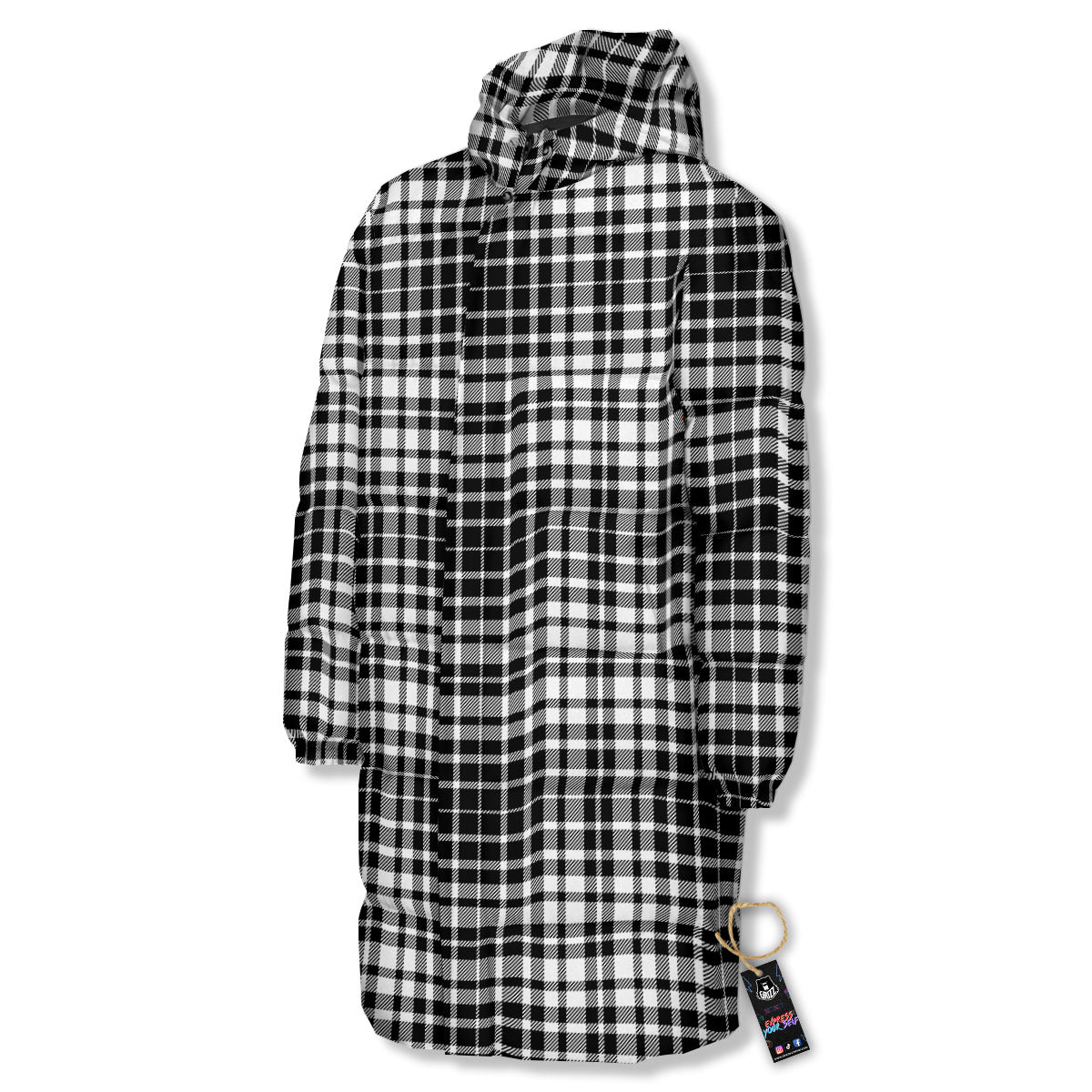 Border Tartan White And Black Print Long Down Jacket