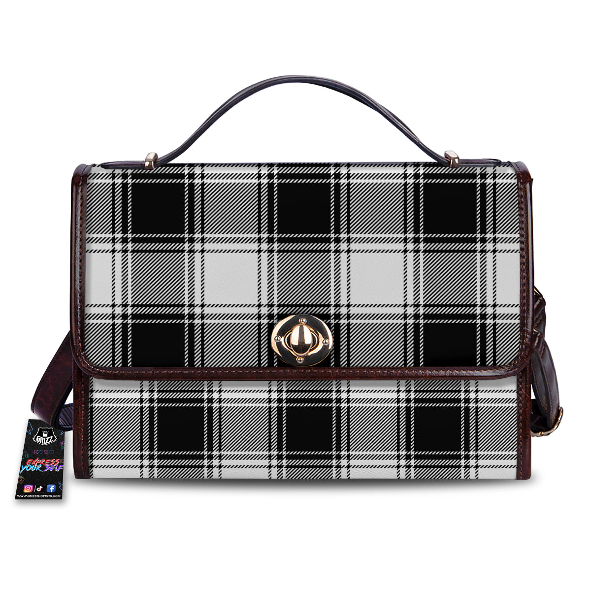Border Tartan White And Black Print Pattern Women's Satchel Bag