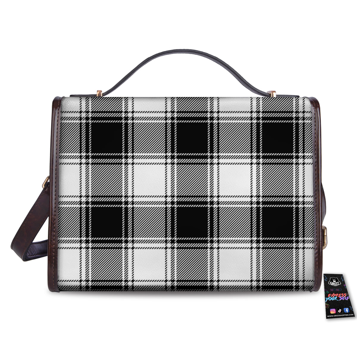 Border Tartan White And Black Print Pattern Women's Satchel Bag