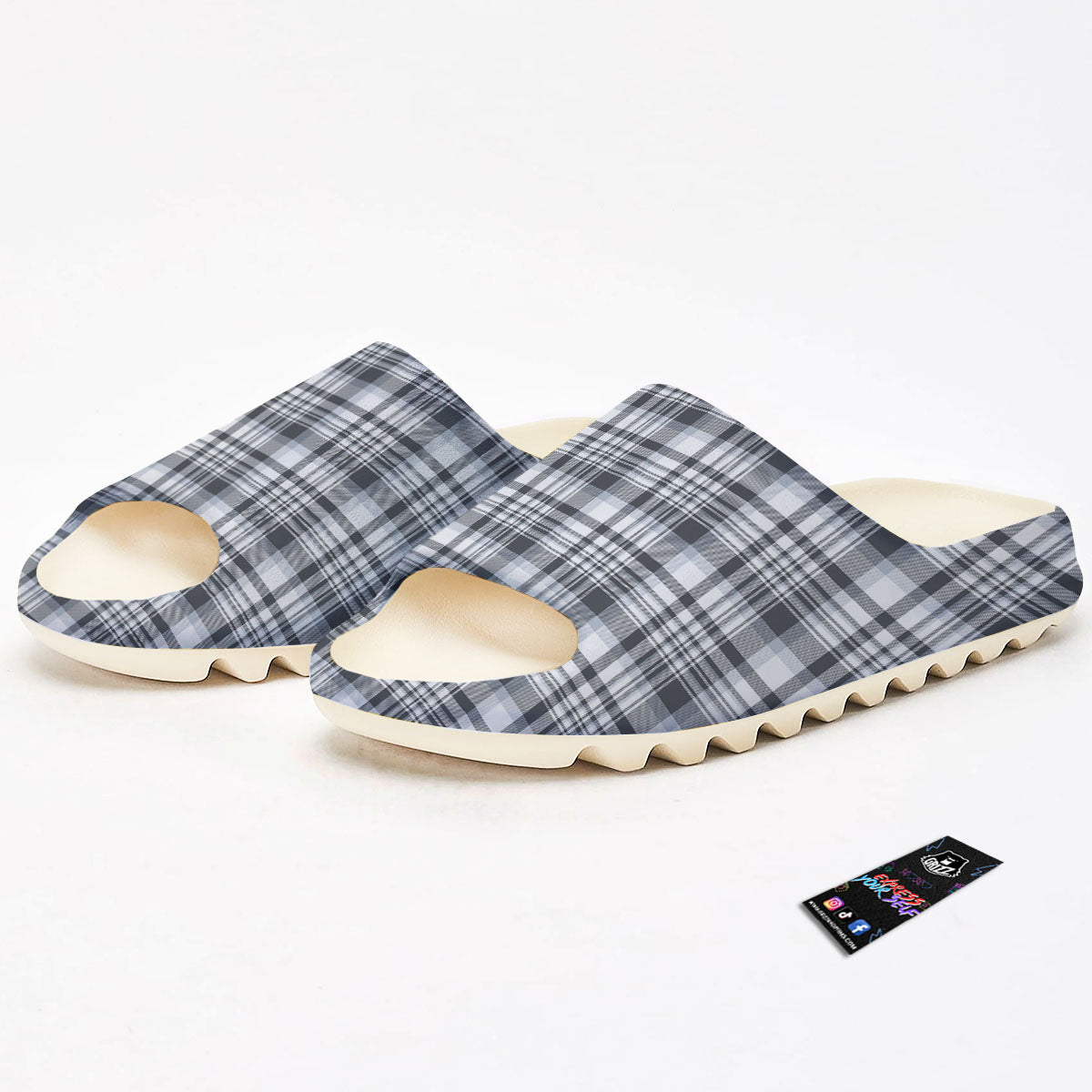 Border Tartan White And Grey Print Sandals-grizzshop