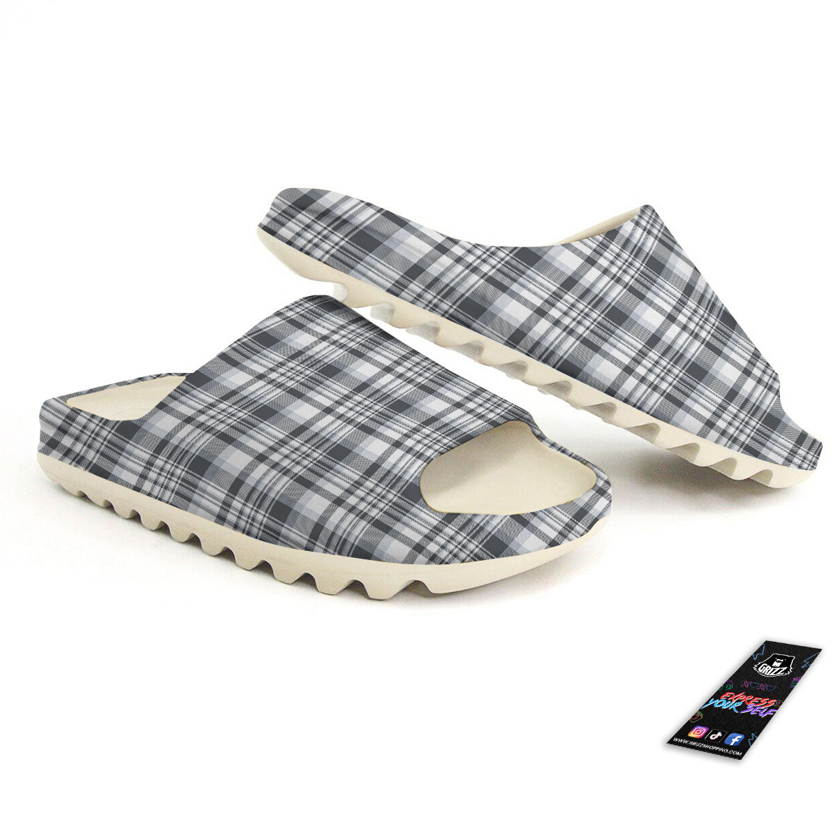 Border Tartan White And Grey Print Sandals-grizzshop