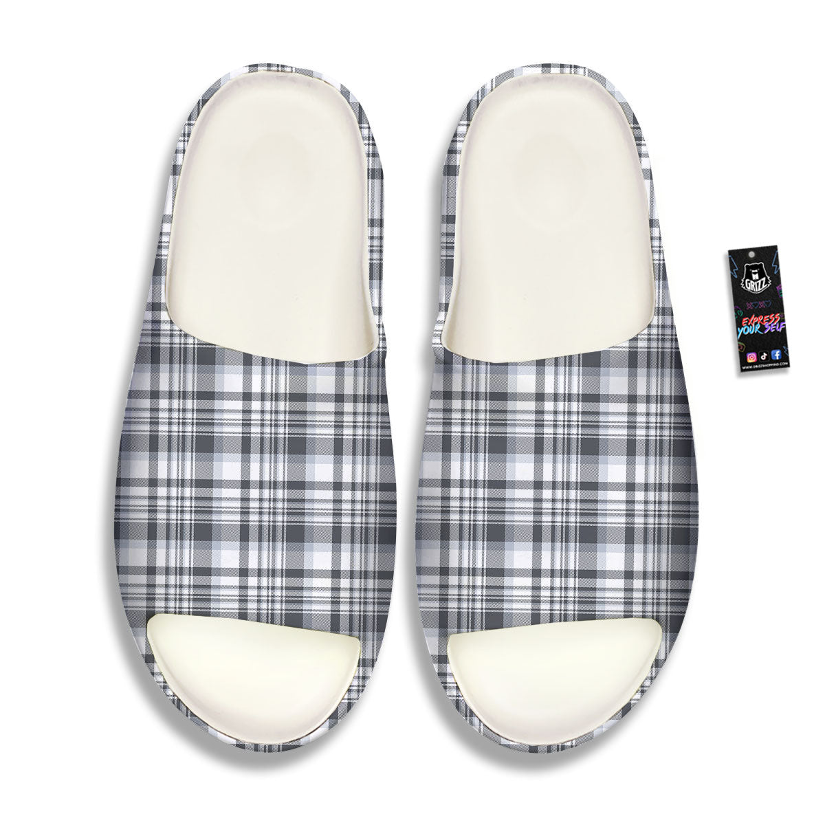 Border Tartan White And Grey Print Sandals-grizzshop