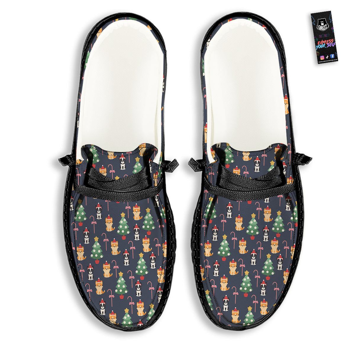 Boston Terrier And Corgi Christmas Print Black Loafers-grizzshop
