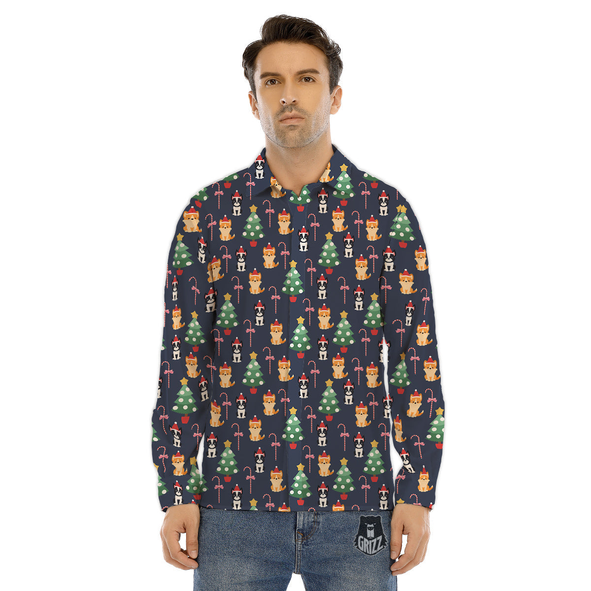 Boston Terrier And Corgi Christmas Print Men's Dress Shirts-grizzshop