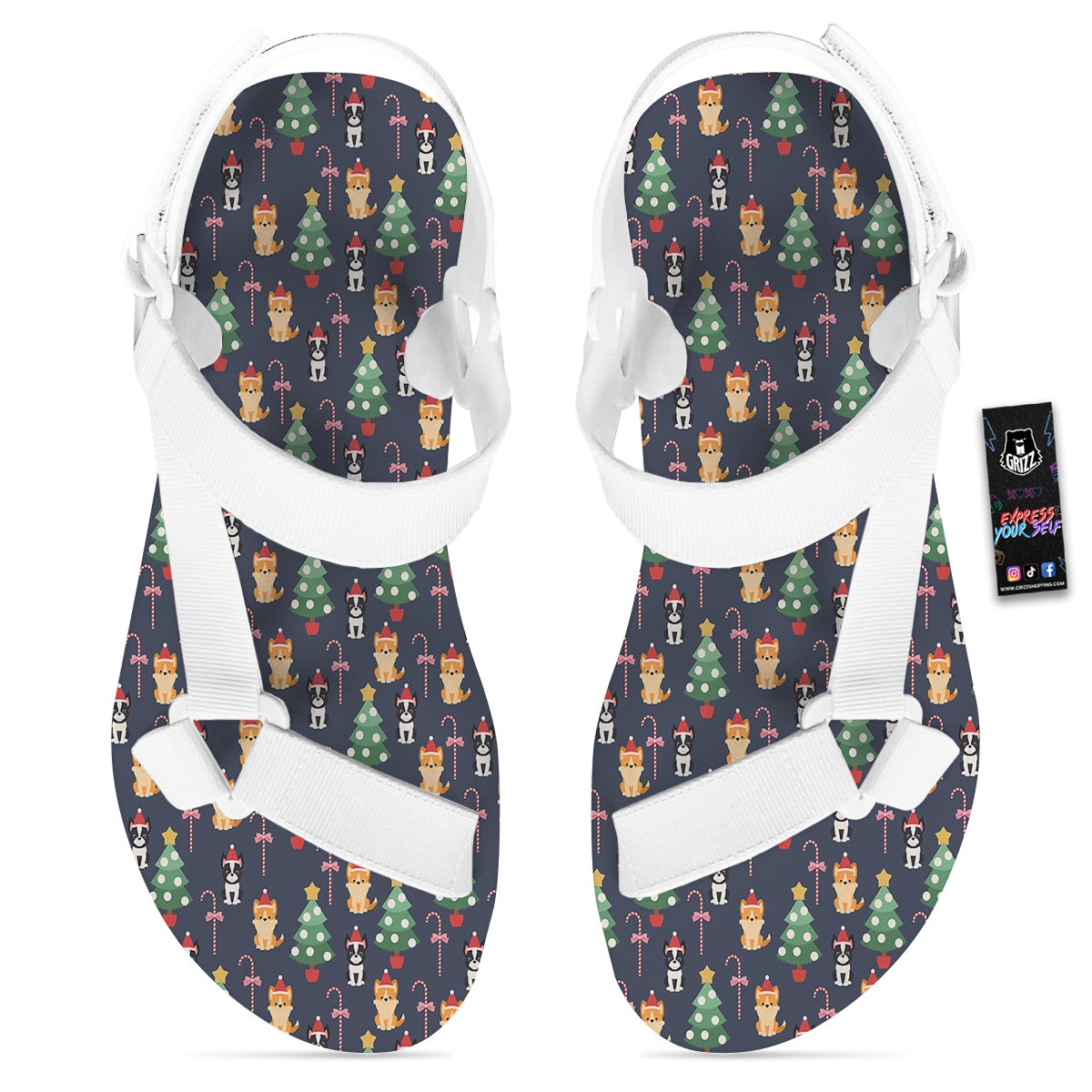 Boston Terrier And Corgi Christmas Print White Open Toe Sandals-grizzshop