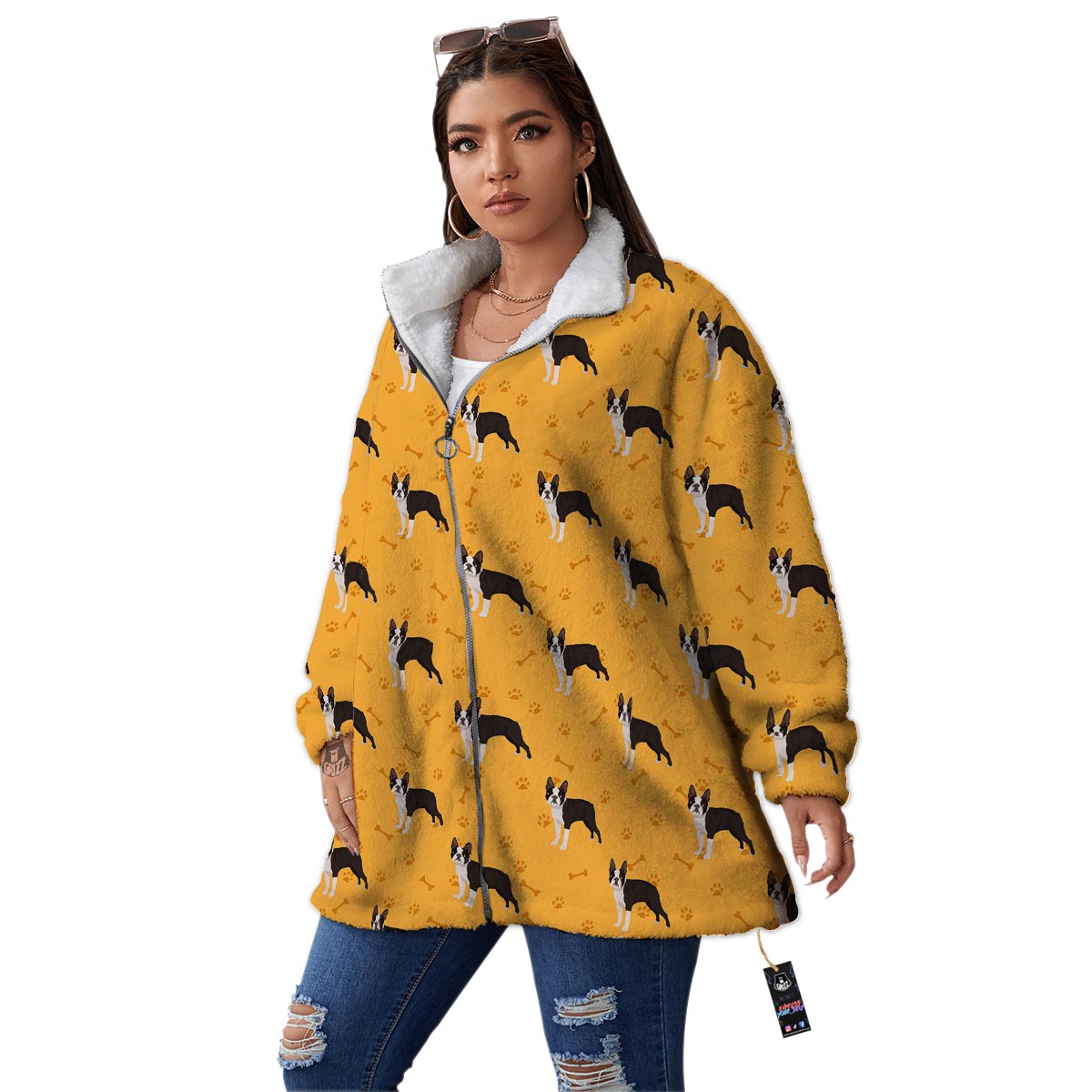 Boston Terrier Cartoon Print Pattern Women's Sherpa Jacket-grizzshop