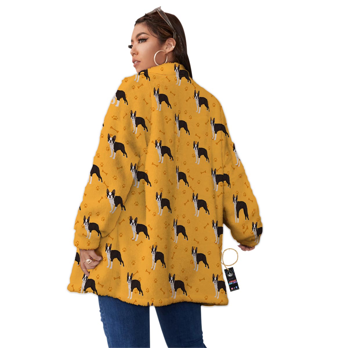 Boston Terrier Cartoon Print Pattern Women's Sherpa Jacket-grizzshop