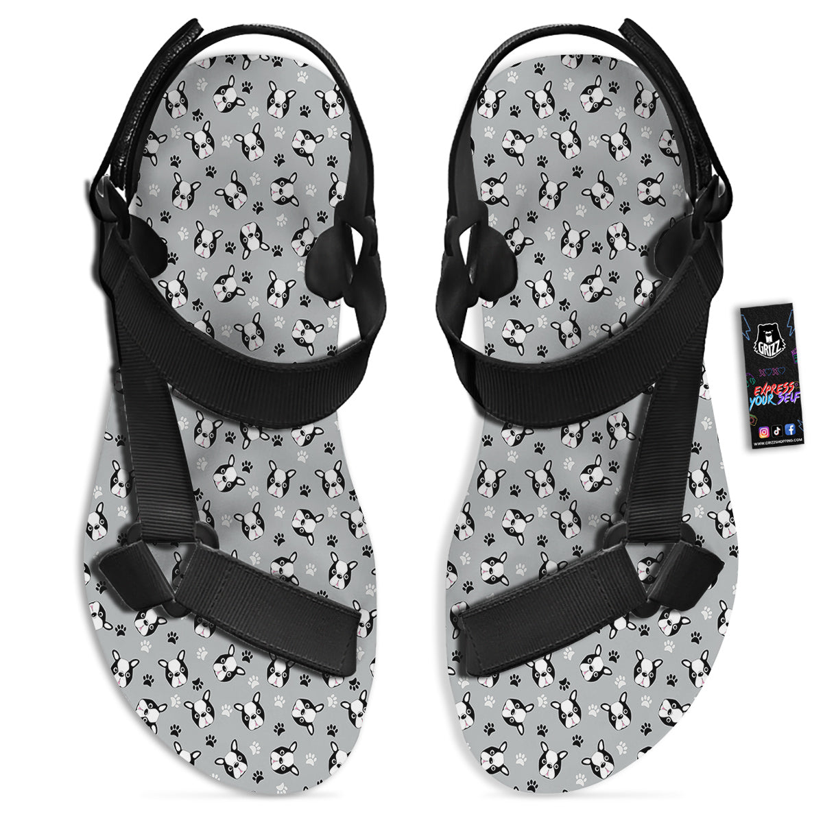 Boston Terrier Faces Cute Print Black Open Toe Sandals-grizzshop