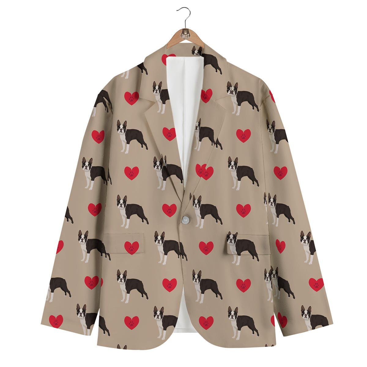 Boston Terrier Heart Paw Pattern Print Men's Blazer-grizzshop