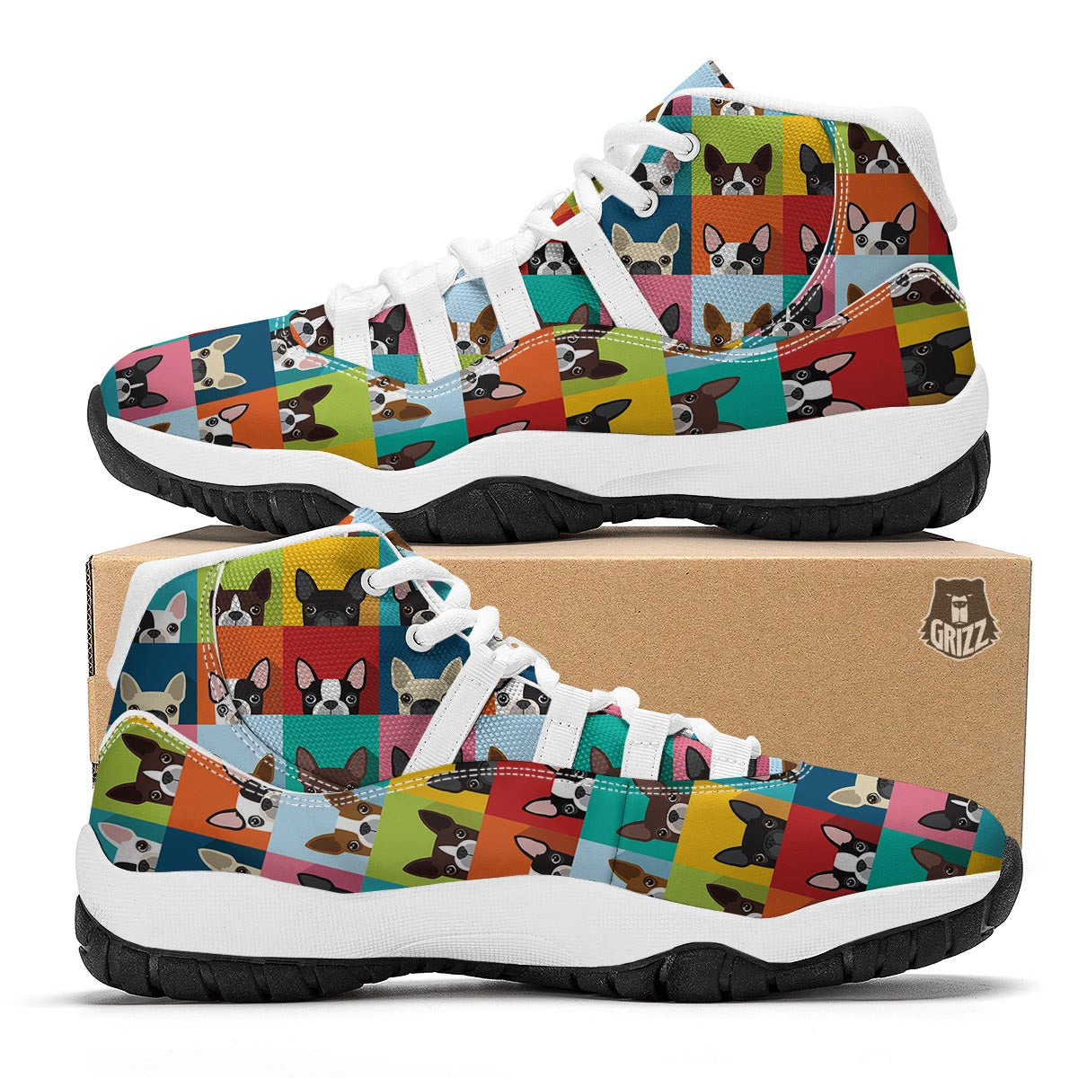 Boston Terrier Pattern Print White Bball Shoes-grizzshop