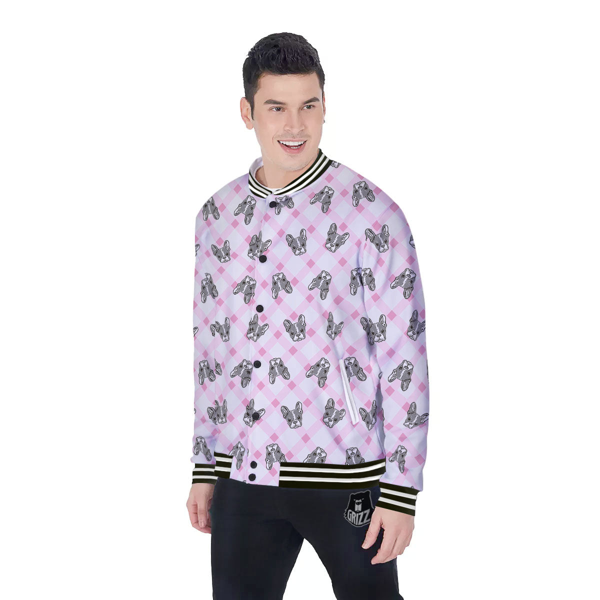 Boston Terrier Pink Plaid Print Pattern Baseball Jacket-grizzshop