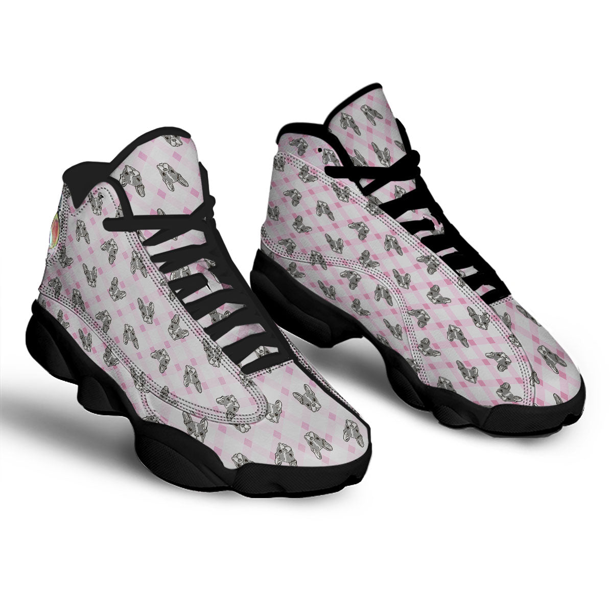 Boston Terrier Pink Plaid Print Pattern Black Basketball Shoes-grizzshop