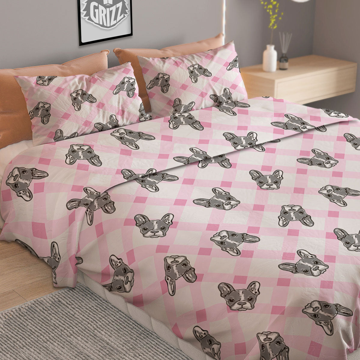 Boston Terrier Pink Plaid Print Pattern Duvet Cover Bedding Set