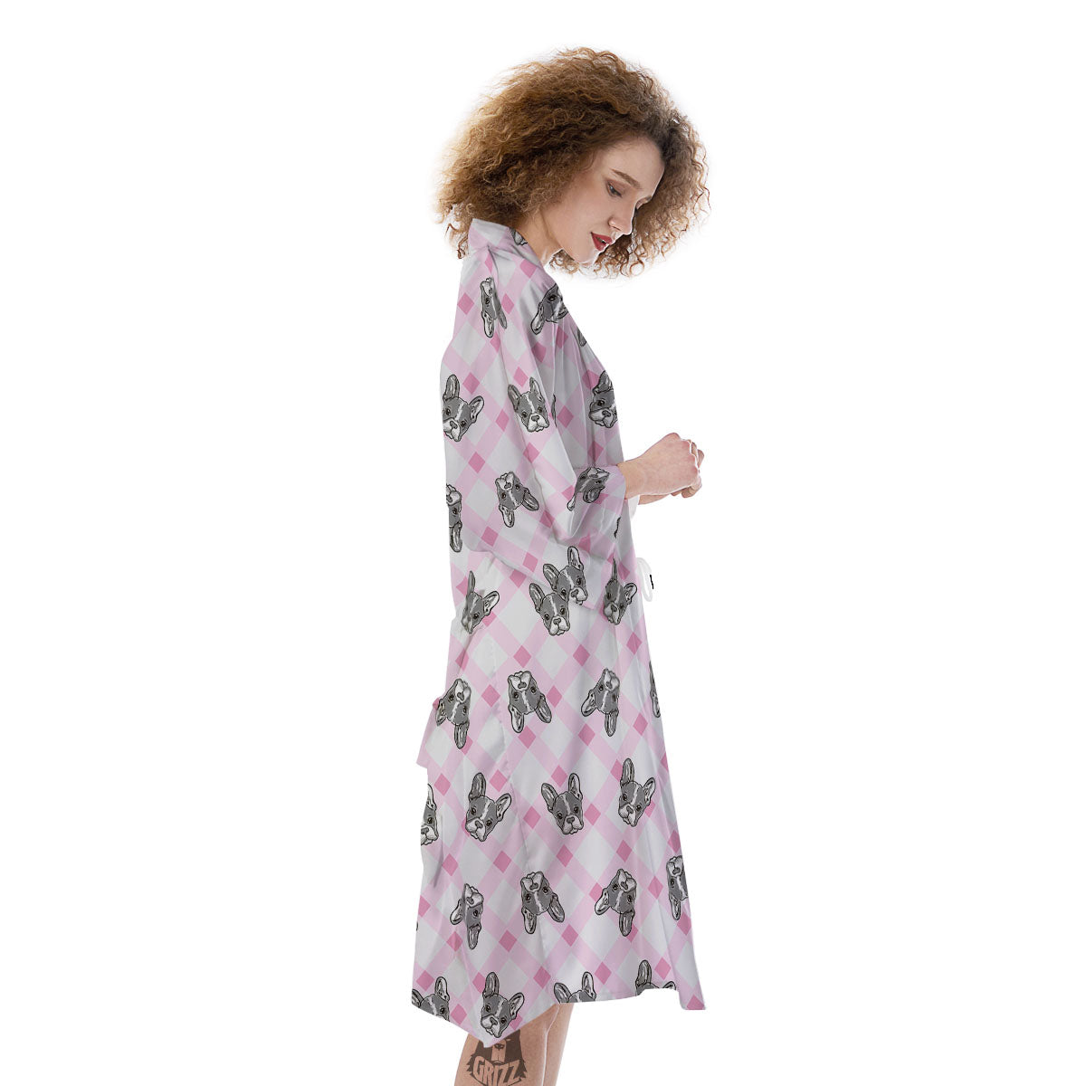 Boston Terrier Pink Plaid Print Pattern Kimono-grizzshop