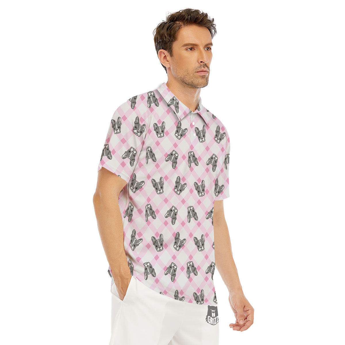 Boston Terrier Pink Plaid Print Pattern Men's Golf Shirts-grizzshop