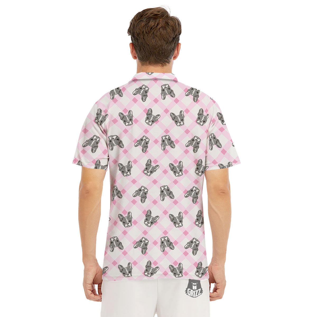 Boston Terrier Pink Plaid Print Pattern Men's Golf Shirts-grizzshop