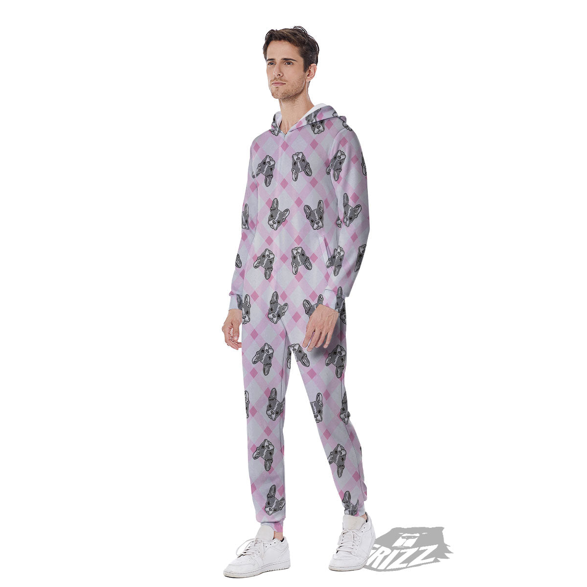 Boston Terrier Pink Plaid Print Pattern Men's Jumpsuit-grizzshop