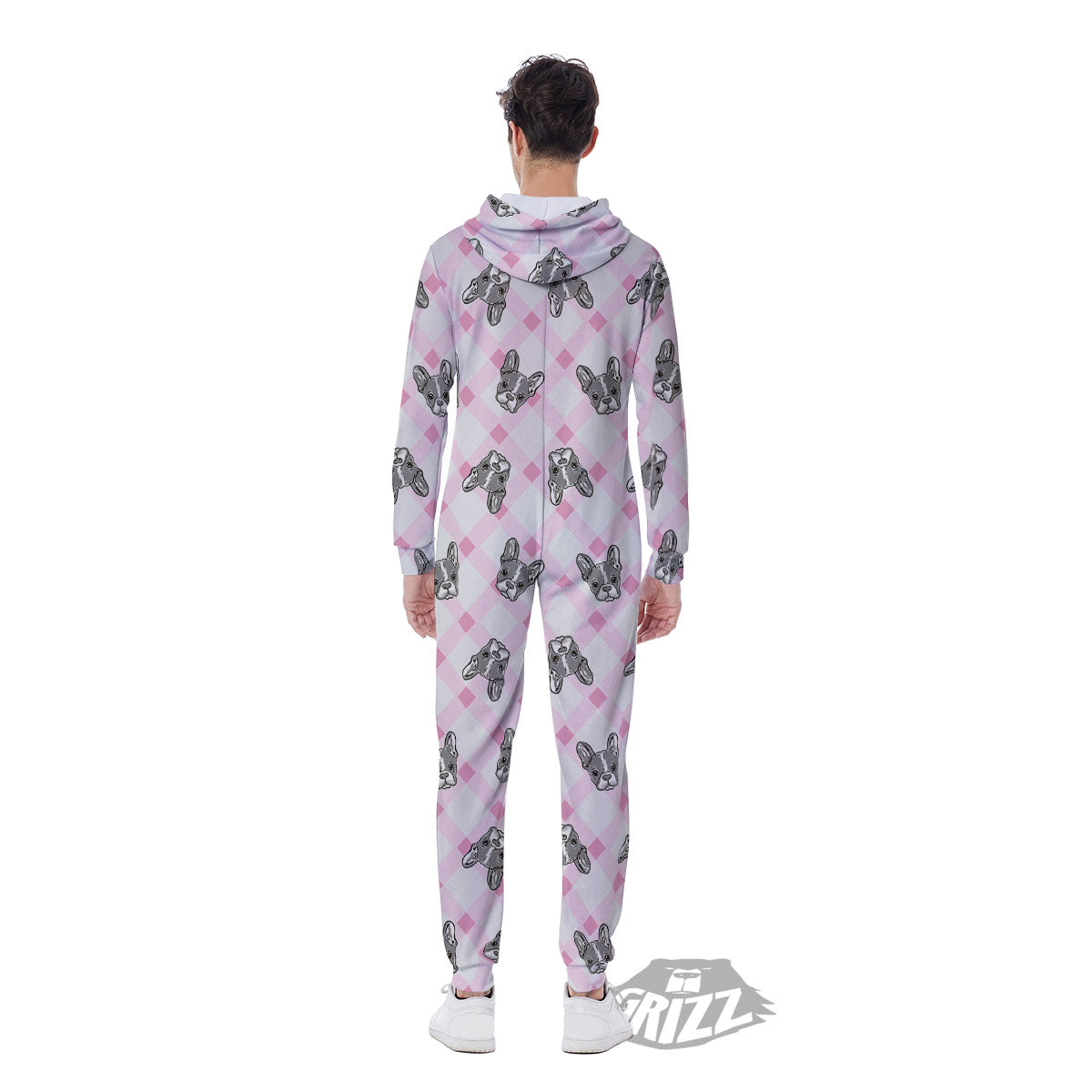 Boston Terrier Pink Plaid Print Pattern Men's Jumpsuit-grizzshop
