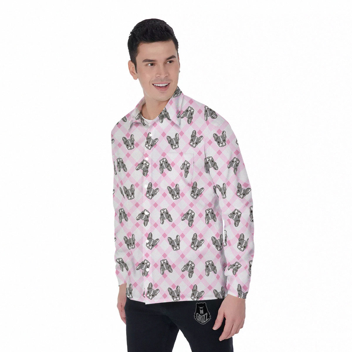Boston Terrier Pink Plaid Print Pattern Men's Long Sleeve Shirts-grizzshop
