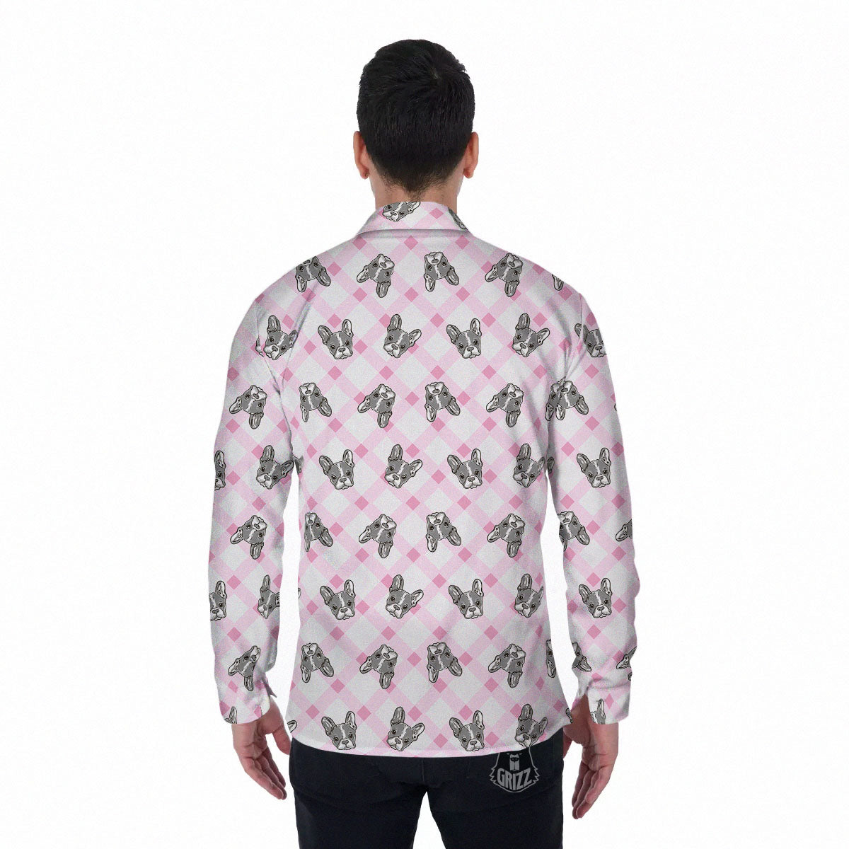 Boston Terrier Pink Plaid Print Pattern Men's Long Sleeve Shirts-grizzshop