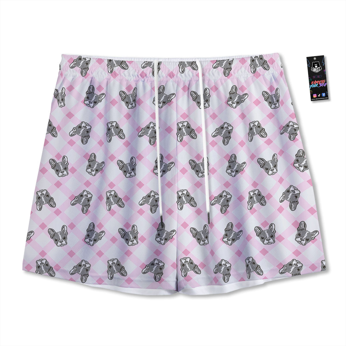 Boston Terrier Pink Plaid Print Pattern Mesh Shorts