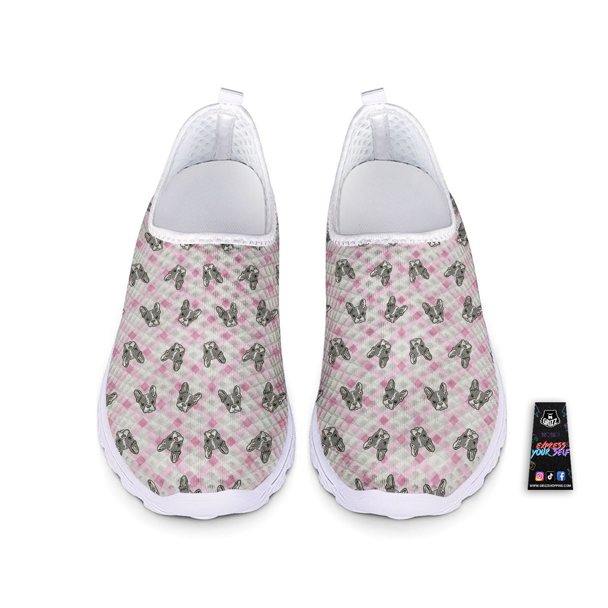 Boston Terrier Pink Plaid Print Pattern Nurse Shoes-grizzshop