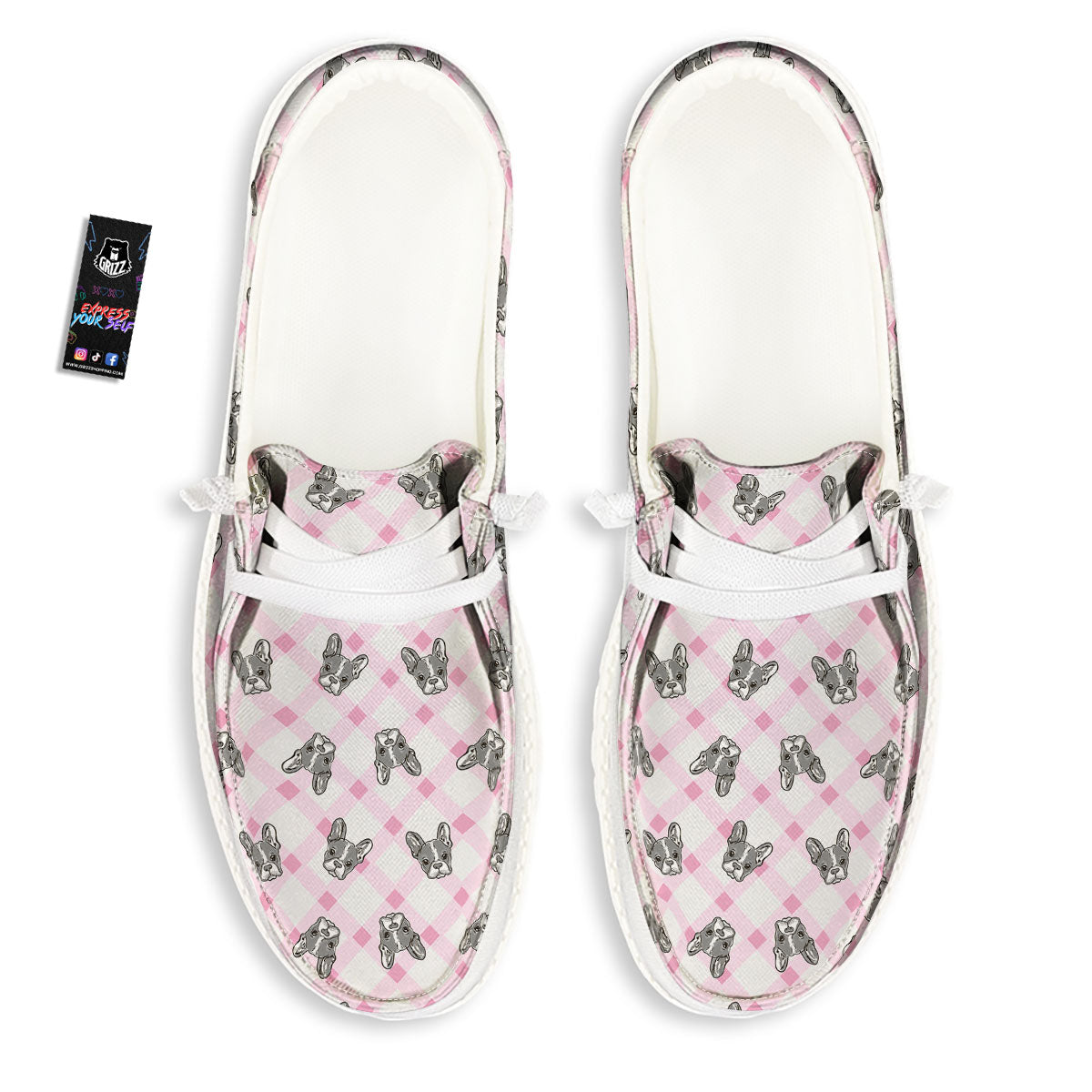 Boston Terrier Pink Plaid Print Pattern White Loafers-grizzshop