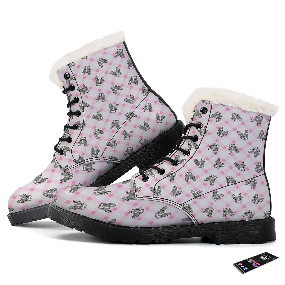 Boston Terrier Pink Plaid Print Pattern Winter Boots-grizzshop