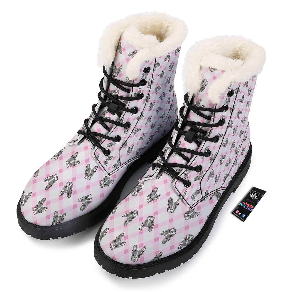 Boston Terrier Pink Plaid Print Pattern Winter Boots-grizzshop
