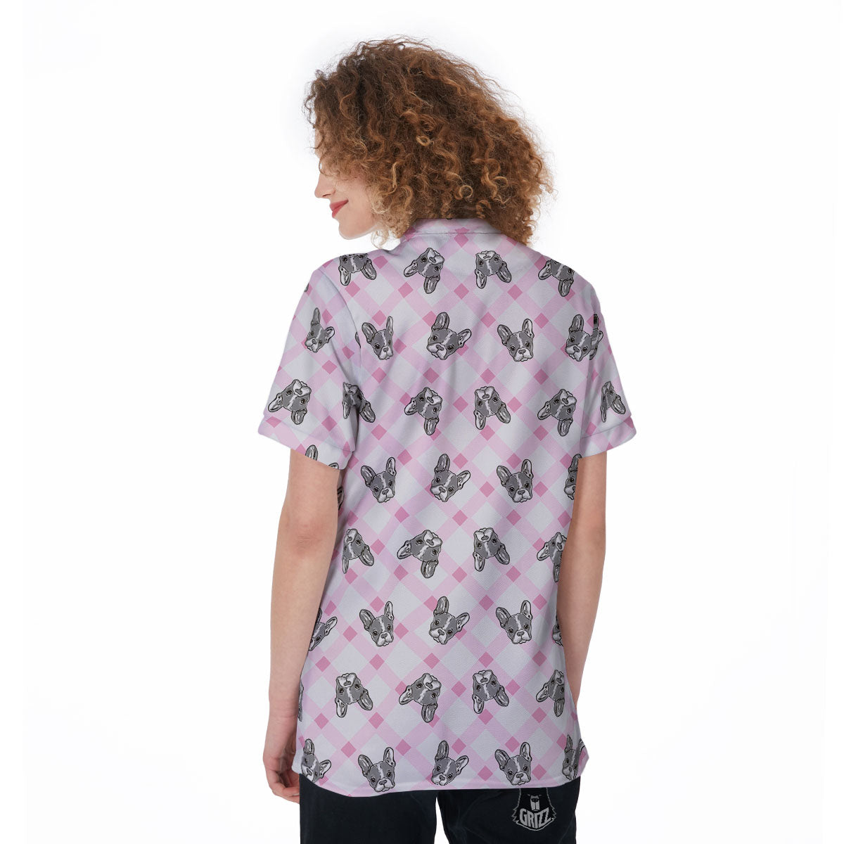 Boston Terrier Pink Plaid Print Pattern Women's Golf Shirts-grizzshop
