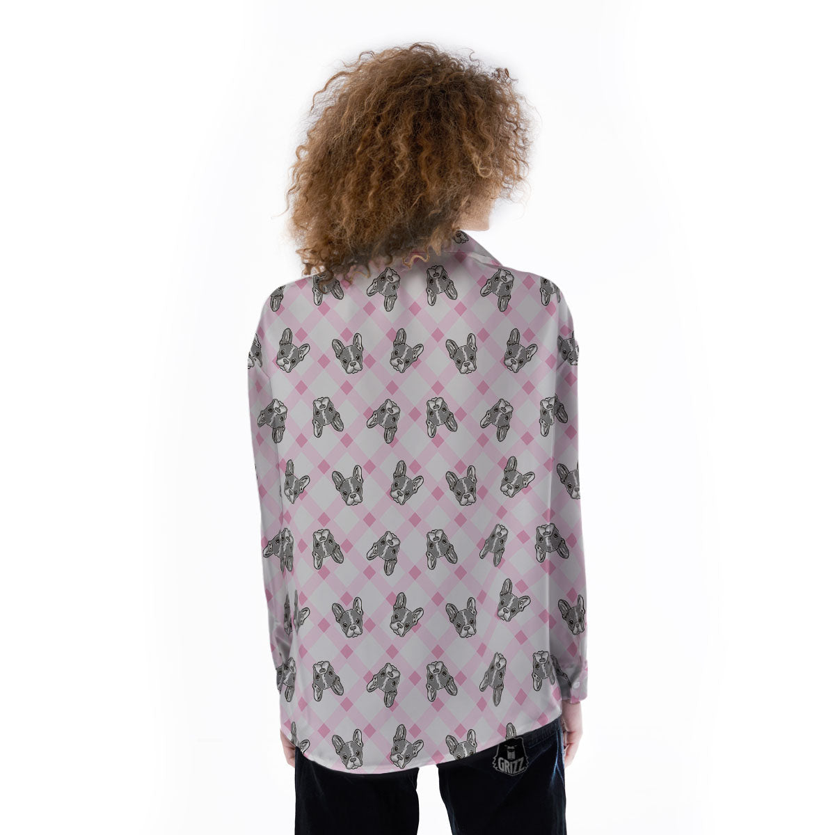 Boston Terrier Pink Plaid Print Pattern Women's Long Sleeve Shirts-grizzshop